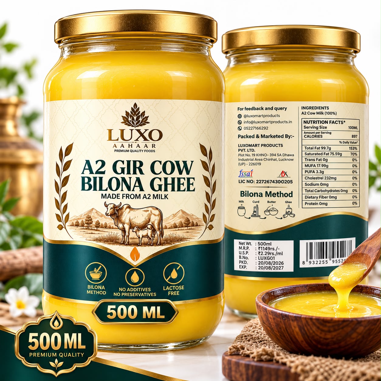 Luxo Aahaar Gir Cow A2 Bilona Ghee ( 500 ML )