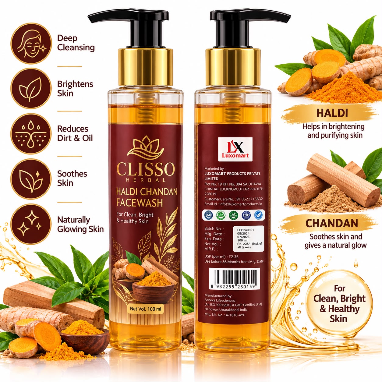CLISSO HERBAL HALDI CHANDAN FACE WASH 100ML NEW