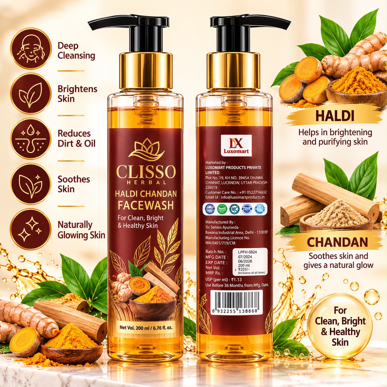 CLISSO HERBAL HALDI CHANDAN FACE WASH 200ML NEW