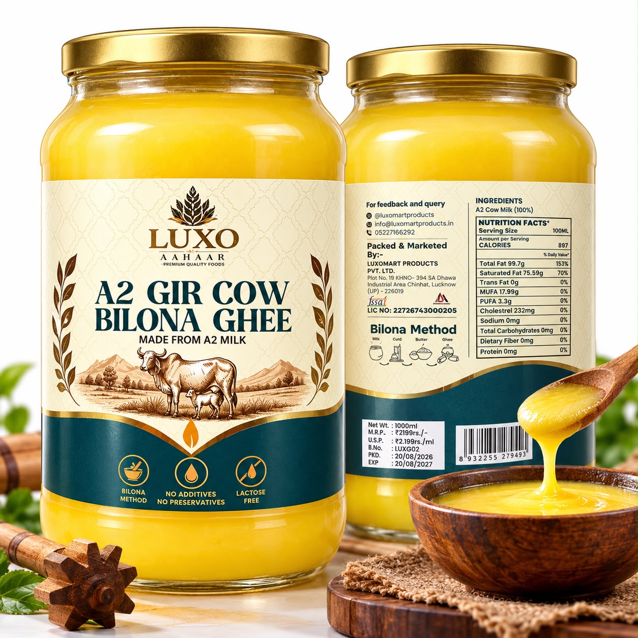 Luxo Aahaar Gir Cow A2 Bilona Ghee ( 1000 ml )